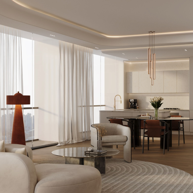 In the heart of Business Bay and just minutes away from Burj Khalifa, a two-bedroom apartment in Binghatti L'Aquatique