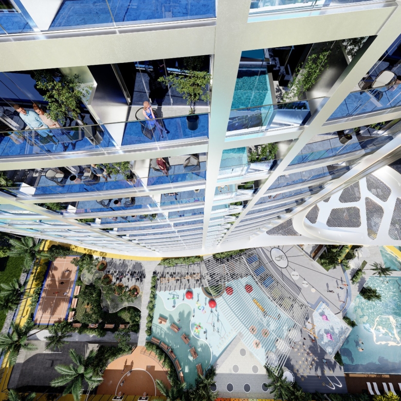 شقة بغرفتين نوم وحمام سباحة خاص في مشروع fashionz بمساحة واسعة 1177 قدم